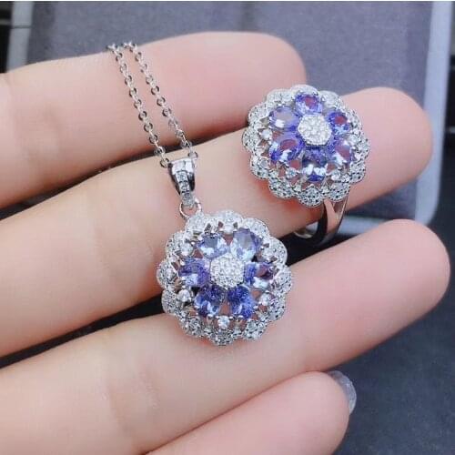 100% Real Natural Tanzanite jewelry set 925 sterling silver 1pc Tanzanite pendant,1pc Tanzanite ring