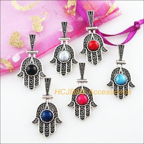 12 New Flower Mixed Charms Stone Tibetan Silver Tone Palm Hand Pendants 17.5x33mm