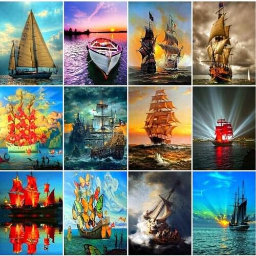 5D Boat Round Full Diamond Embroidery Ship Landscape Diamond Painting Sea Full Square Mosaic Picture of Rhinestone Home Decor