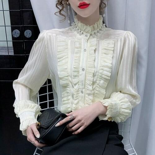 Apricot Steampunk Gothic Womens Shirt Court Palace Flounce Sleeve Sheer Shirts Medieval Victorian Stand Beading Collar Blouses