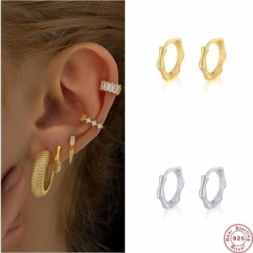 Aide 925 Sterling Silver Gold Bamboo Shape Hoop Earrings For Women Mini Circle Loops Huggie Earrings Rock Punk Fine Jewelry Gift