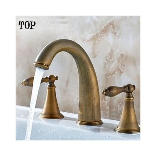 Antique brass sink taps basin mixer hot and cold water mixer tap Double handle Three holes bathroom faucet