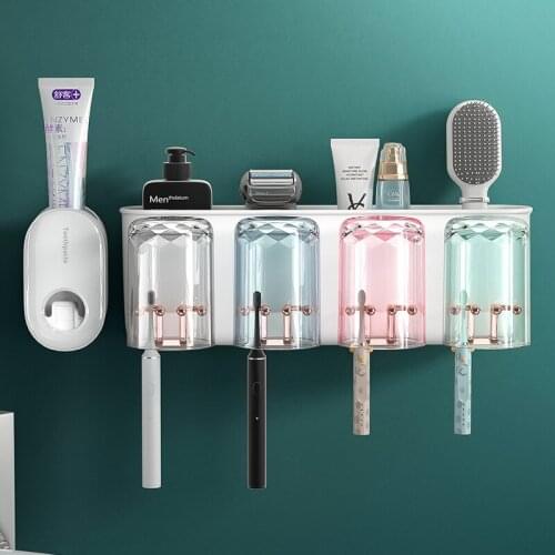 Multifunction Toothbrush Holder with Cups Bathroom Accessories Set Automatic Toothpaste Dispenser Squeezer Punch-free Storage