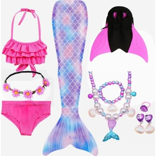 Kids Mermaid Swimsuit Girls With Flipper Monofin Bikini Girls Mermaid Tail Fin with Garland Necklace Clothing Swimwear