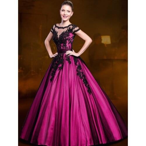 Purple Ball Gown Sheer Neck Fuchsia and Black Lace Crystals Quinceanera Dresses Two Pieces Low back Removable Skirt