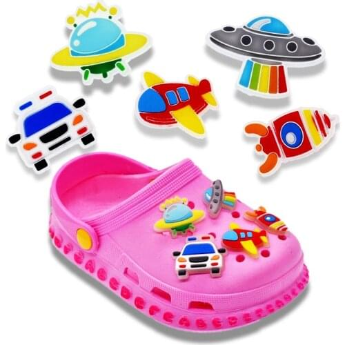 10Pcs Soft PVC Fluorescence Shoe Charms UFO/Rocket/Car/Airplane Wristband Accessories Night Light Croc Charms X-mas Gift