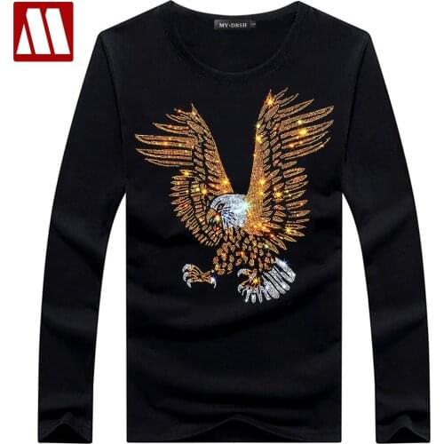 England Style Fancy Tshirt Man Diamond Print Long Sleeve T-shirt Mens Fashion Summer Rhinestone Eagle Design Bottom T Shirts