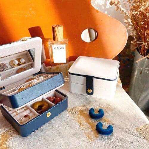 HOSENG Navy Blue and White Color Jewelry Case Leather Exquisite Women Earring Ring Storage Button Box With Mirror Gift HS_966
