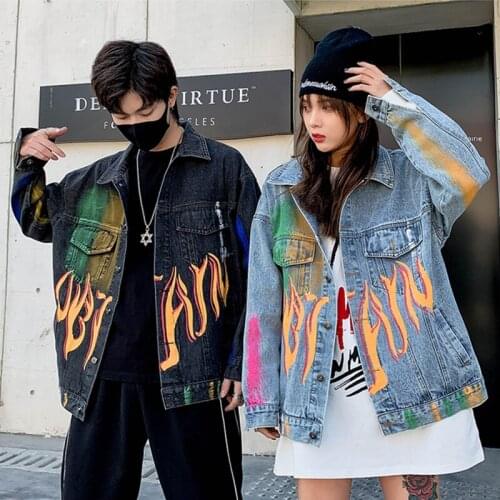 Couple clothes Autumn Hip hop Bomber coat Women Graffiti Letters Printing street Denim Jacket Female Loose Plus size Jean jacket