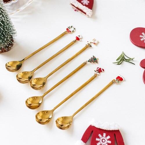 Santa Hat Spoon Stainless Steel Mixing Spoon Lovely Stars Design Dessert Spoons Elk Cute Spoon Teaspoon Christmas Gift Girls