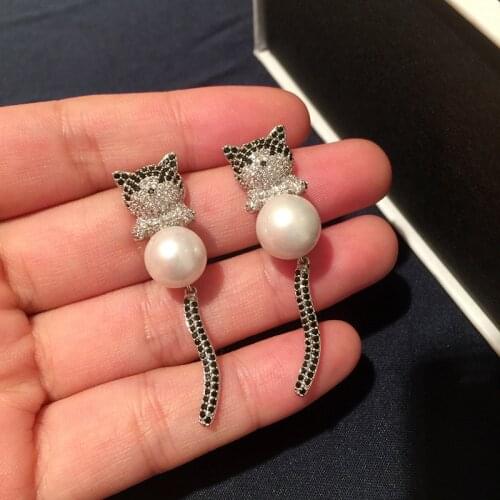 Cute Cat Silvery Tassel Earrings Girls Jewelry Zircon Geometric Modern New For Women Fashion Luxurious Maiden Gift Black Pearl