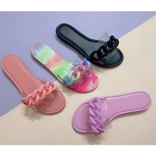 HEVXM 2021 New Sandals Fashion Big Chain Decorative Vamp Color Cute Cool Slippers European and American Flat Bottom Slippers