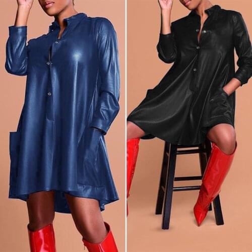 ZANZEA Stylish PU Leather Dress Women Autumn Sundress Long Sleeve Mini Shirt Vestidos Female Lapel Party Robe Femme Oversized 7