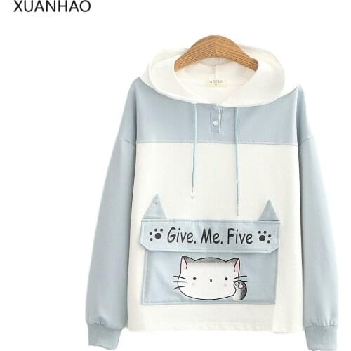 XUANHAO Kawaii Sweet Hoodies For Teen Girls Women Autumn Cute Cat Pink Hooded Sweatshirt Fall Autumn Cartoon Cotton Pullovers