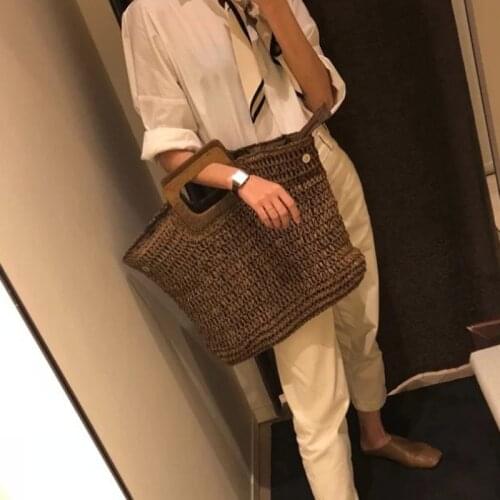Large Capacity Straw Woven Handbag Women Wicker Woven Wooden Top Handle Handbags Summer Beach Straw Bag Casual Rattan Totes bags