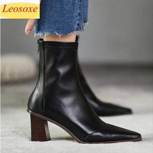 Womens Boot PU Leather Autumn Winter Ankle Boots Zipper Ladies Pumps Square High Heel Women Shoes Botas Mujer Botas Altas