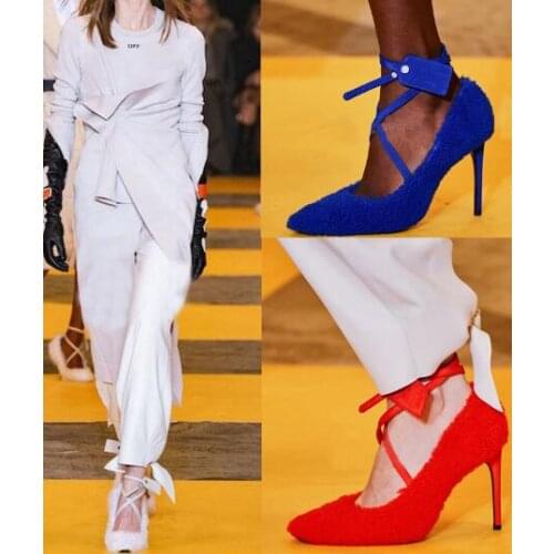 Woman Blue Red White Green Pink Fur Cross Lace Up Shallow Pumps Pointed Toe Button Nail 10 cm Thin Heels Party Pumps Shoes