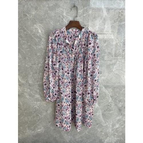 V-neck Pleats detail Long Sleeves Fashion Cotton Mini DRESS 2021ss Womans Floral Print Short Oversized Dress