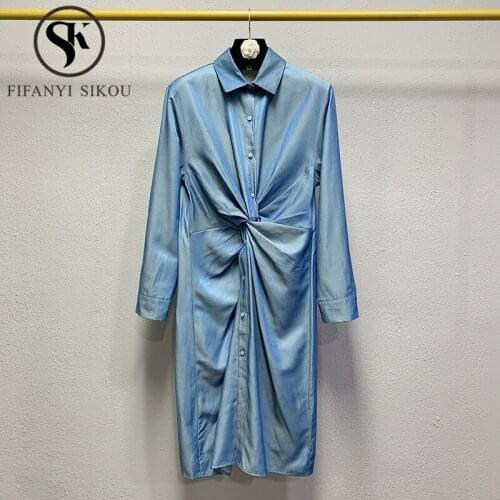 2020 Autumn Women Shirt Dress Fashion Pleated Lapel High waist Midi Long Dress Female Loose Single Breasted Long Sleeve Dress