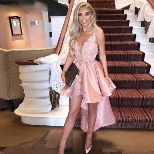 Pink High Low Spaghetti Homecoming Dress Sexy V Neck Appliques Formal Girl Party Prom Special Occasion Drss