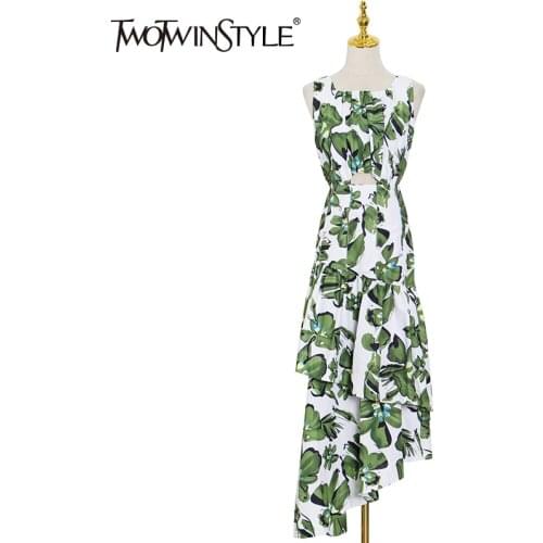 TWOTWINSTYLE Vintage Print Hollow Out Dress For Women Square Collar Sleeveless High Waist Maxi Dresses Female 2021 Fashion Style