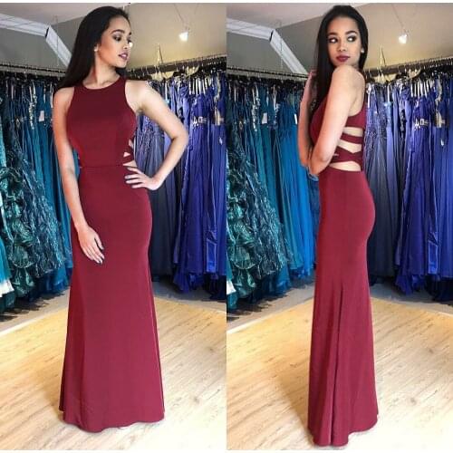 Elegant Long O-Neck Burgundy Prom Dresses Mermaid Criss Cross Back Floor Length Robe De Soiree Formal Party Gown