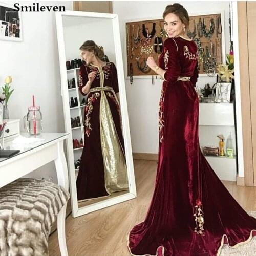 Smileven Dark Red Moroccan Kaftan Embroidery Evening Dresses Women Mother Dress Arabic Muslim Special Occasion Gowns