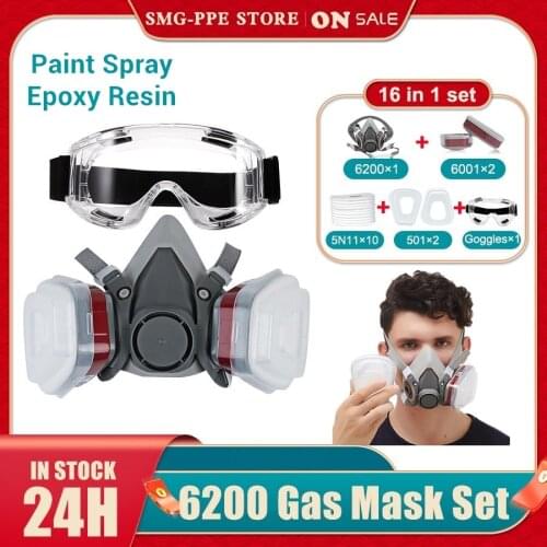 15 In 1 Gas Mask Paint Spray Set 6200 Respirator Carbon Cartridges 5n11 Dust Filters 10pcs Safety Eye Protection Glasses Repair