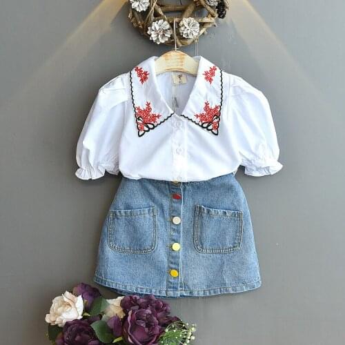 Toddler Baby Girl 2pcs Set Children Ruffled Cuff White Shirt + Denim Multicolor Button Skirt for Children Kids Fashion Outwear