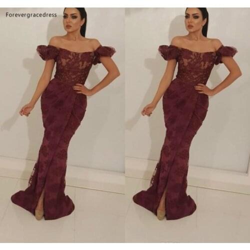2019 Cheap Burgundy Long Evening Dress Arabic Dubai Mermaid Lace Holiday Women Wear Formal Party Prom Gown Custom Made Plus Size
