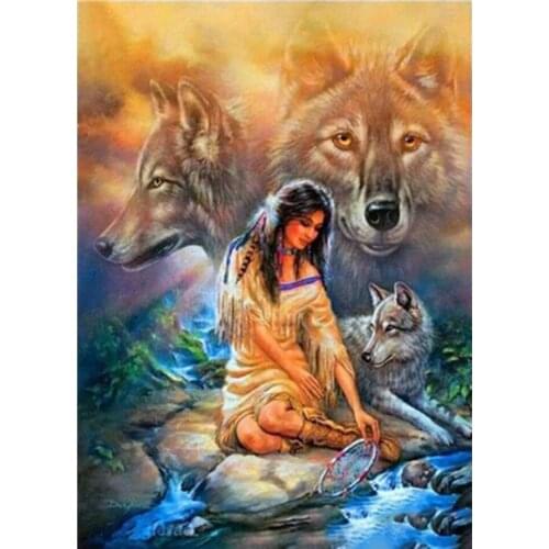 5d diy diamond painting loup india mosaic pictures of rhinestones “indian women and wolf” Home Decoration FOR GIFT