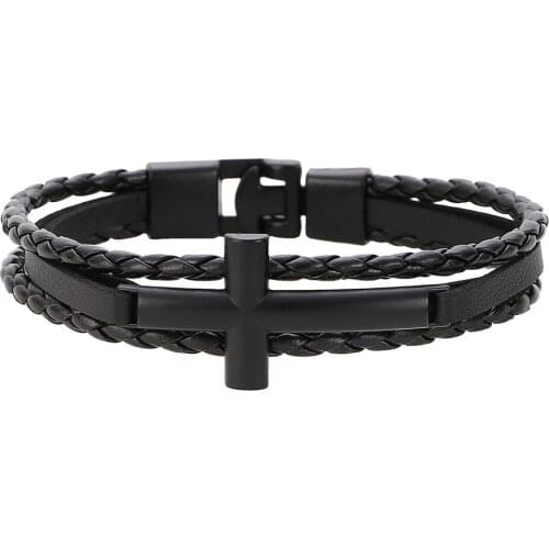 ORCHYO Vintage White Black Cross Layered Bracelet Faux Leather Rope Chain Bangles Men Christian Jewelry Gift Wholesale