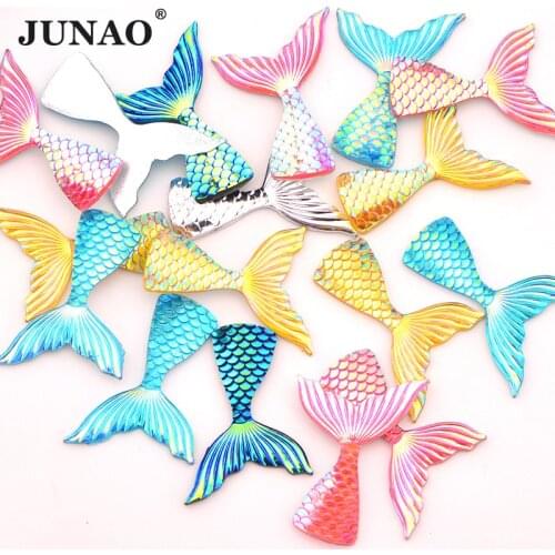 JUNAO 29*39mm Colorful Mermaid Tail Decoration AB Rhinestone Applique Flatback Resin Crystal Stone Non Hotfix Strass Diamond
