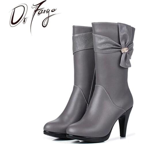 DRFARGO Winter Shoes Women Genuine Leather Flower Zipper Boots 7cm Spike Heel Mid calf Warm Wool Shoes size 34-40 520 Zapatos