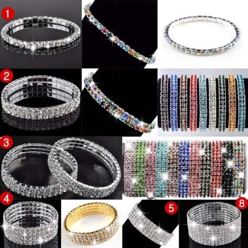 1/2/3/4/5/8 Rows Fashion Women Bracelet Crystal Rhinestone Stretch Bracelet Bangle Elastic Party Wedding Bridal Jewelry
