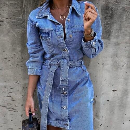 Elegant Solid Denim Dresses For Women Fashion Long Sleeve A Line Button Mini Dress Autumn Retro Casual Belt Party Dress Vestidos