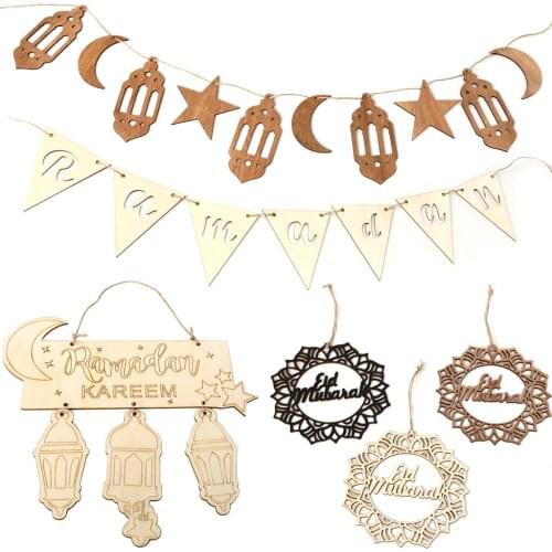 Eid Mubarak Decor Wooden Craft Hanging Pendant Ornament Ramadan Kareem Decoration for Home Islam Muslim Festival Party Supplies
