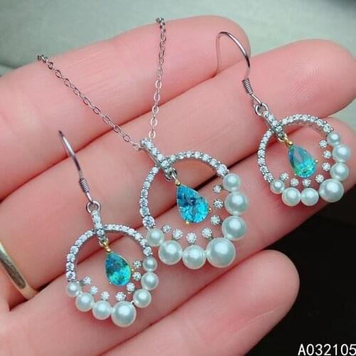 KJJEAXCMY fine jewelry 925 sterling silver inlaid Natural blue topaz women trendy water drop pearl gem pendant earrings set supp