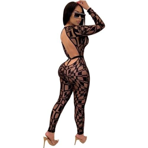 Romper Bodysuit Sexy Outfits Jumpsuits Woman Night Club Party O Neck Long Sleeve Patchwork Backless Sexy See Through Jumpsuit