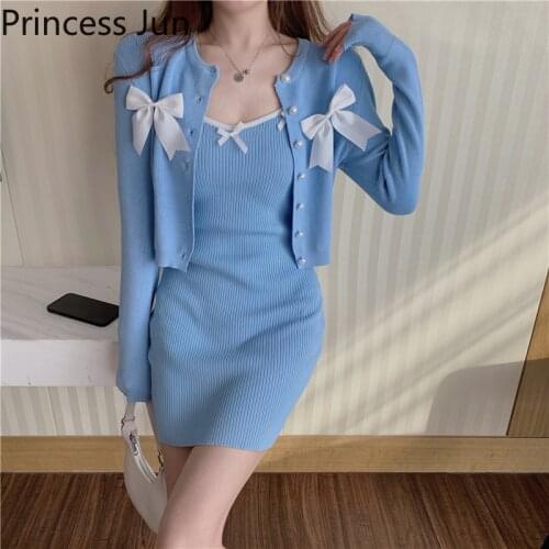 Sexy Girl Fashion 2 Piece Dress Sets Black White Blue Knit Straps Sling Mini Dress&Sweet Bow Thin Sweater Cardigan Chic 2pc Suit