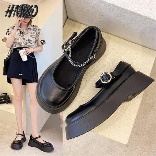 HMXO Mary Jane Leather Shoes Students All-match Thick-soled Casual Jk Shoes Roman Round Head Thick Mid-heel Chain Doll Shoes