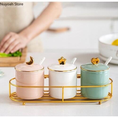 Creative Ceramic Seasoning Tank Kitchen Light Luxury Seasoning Tank Set with Golden Wrought Iron Rack Kitchen Storage Supplies