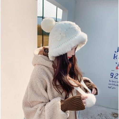 Fur Ball plus Velvet Ushanka Korean Style Sweet Cute Warm Girls Outdoor Knitted Thickened Hat