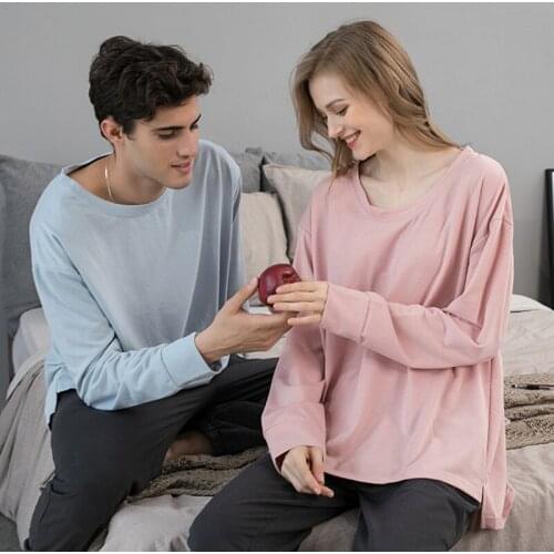BALDAUREN 2021New Loose Big Size Couple SleepTop/Bottom Suit Round Neck Soild Long Sleeve Outer Wear Family Pajamas Home Clothes