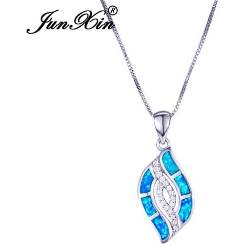 JUNXIN Plant Tree Leaf Pendant Blue White Fire Opal Necklaces For Women Silver Color Zircon Infinity Necklace Wedding Gifts