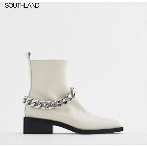 SOUTHLAND Womens Boots Winter chain ankle boots square toe chunky heel women chelsea boots