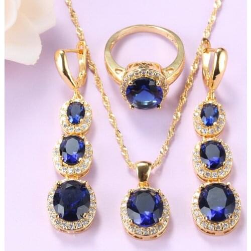 SaviGems-Brand Gold Color Wedding Jewelry Sets With Natural Stone CZ Blue Long Earrings And Necklace Ring Sets For Women