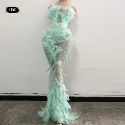 Sexy Rhinestone See-through Mesh Feather Dress Women Transparent Party Prom Mermaid Dress Female Singer Stage Show Dance Costume