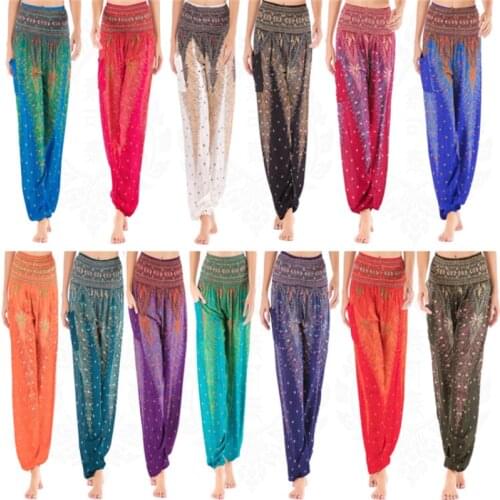Thailand Peacock Feather Print Elastici High Waist Silk Bloomers Pants Women Pocket Wide Leg Jogger Baggy Workout Pant Trousers