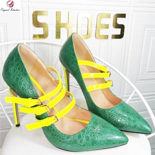Fashion Fluorescent Green Yellow Women Pumps Sexy Pointed Toe Buckle Strap Stiletto High Heels Dress Shoes Office Shoes Ladies